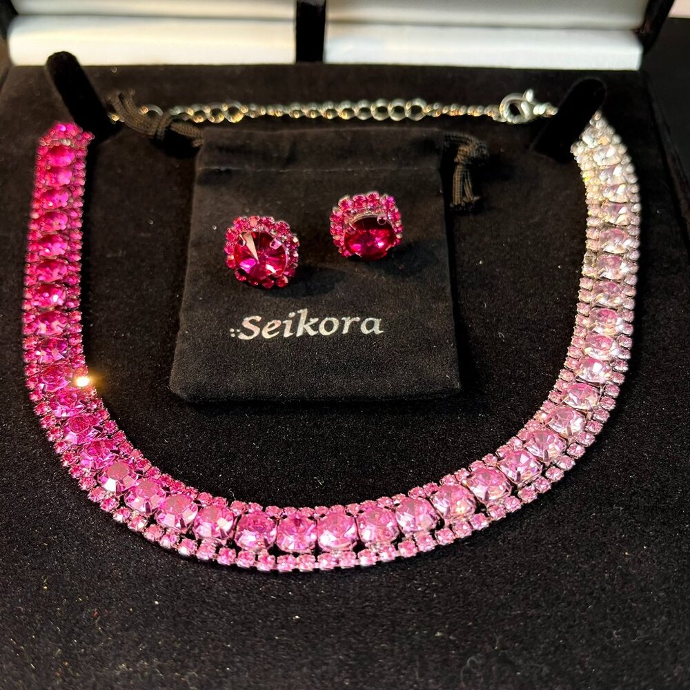 Choker Necklace Earrings Jewelry Set Zirconia Pink Multi color with Gift Box